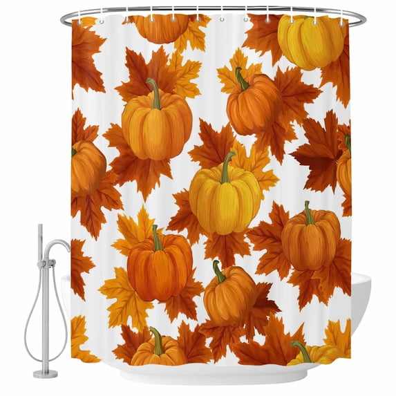 Thanksgiving Shower Curtain, Waterproof Shower Curtains for Bathroom, Fall Orange Pumpkin Maple Leaves Farmhouse Washable Fabric Bathtub Curtain Set Bath Decor with 12 Hooks 72"x78"