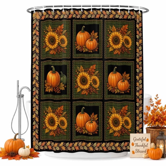 Thanksgiving Shower Curtain, Waterproof Shower Curtains for Bathroom, Fall Pumpinks Sunflower Leaves Vintage Washable Fabric Bathtub Curtain Set Bath Decor with 12 Hooks Extra Long 72"x96"