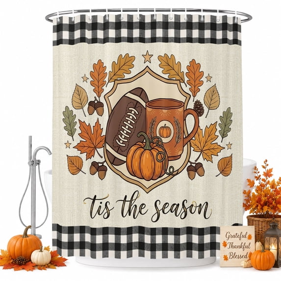 Thanksgiving Shower Curtain, Waterproof Shower Curtains for Bathroom, Fall Pumpkin Cup Rugby Maple Leaves Grid Washable Fabric Bathtub Curtain Set Bath Decor with 12 Hooks Stall 36"x72"