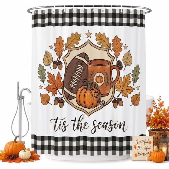 Thanksgiving Shower Curtain, Waterproof Shower Curtains for Bathroom, Fall Pumpkin Rugby Maple Leaf Gingham Washable Fabric Bathtub Curtain Set Bath Decor with 12 Hooks Stall 36"x72"