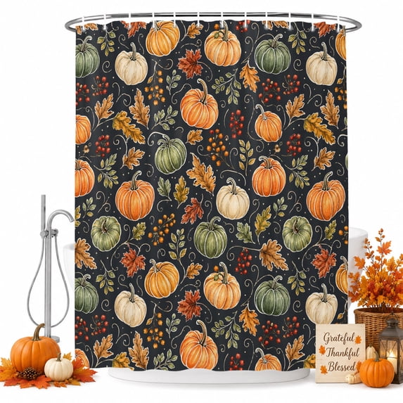 Thanksgiving Shower Curtain, Waterproof Shower Curtains for Bathroom, Fall Pumpkin Sunflower Berry Maple Leaves Washable Fabric Bathtub Curtain Set Bath Decor with 12 Hooks Extra Long 72"x96"