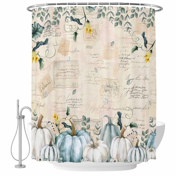 Thanksgiving Shower Curtain, Waterproof Shower Curtains for Bathroom, Farmhouse Fall Pumpkin Green Leaves Floral Washable Fabric Bathtub Curtain Set Bath Decor with 12 Hooks 48"x72"