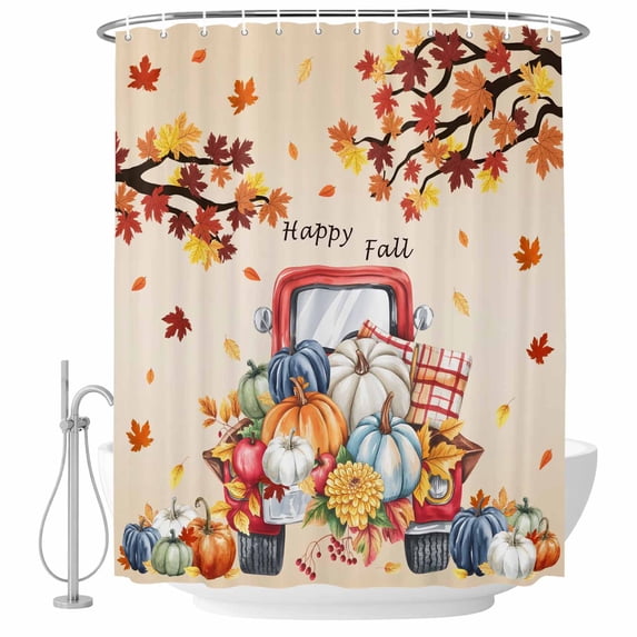 Thanksgiving Shower Curtain, Waterproof Shower Curtains for Bathroom, Maple Leaf Pumpkin Truck Happy Fall Washable Fabric Bathtub Curtain Set Bath Decor with 12 Hooks Extra Long 72"x96"