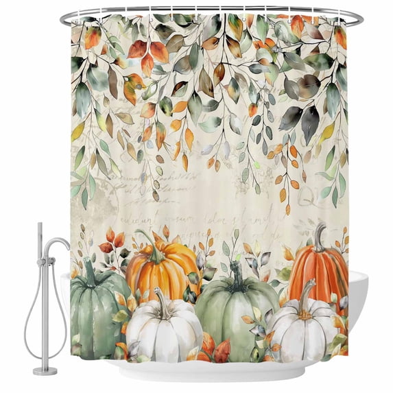 Thanksgiving Shower Curtain, Waterproof Shower Curtains for Bathroom, Sage Green Eucalyptus Orange White Pumpkin Washable Fabric Bathtub Curtain Set Bath Decor with 12 Hooks Extra Long 72"x96"