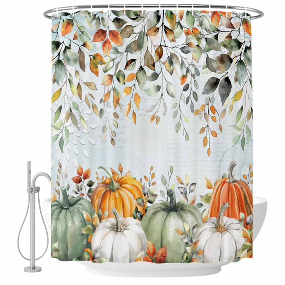 Thanksgiving Shower Curtain, Waterproof Shower Curtains for Bathroom, Sage Green Pumpkin Eucalyptus Coastal Leaf Washable Fabric Bathtub Curtain Set Bath Decor with 12 Hooks Stall 36"x72"