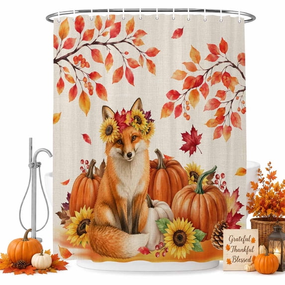 Thanksgiving Shower Curtain, Waterproof Shower Curtains for Bathroom, Vintage Fall Fox Flowers Orange Maple Leaf Washable Fabric Bathtub Curtain Set Bath Decor with 12 Hooks Standard 72"x72"