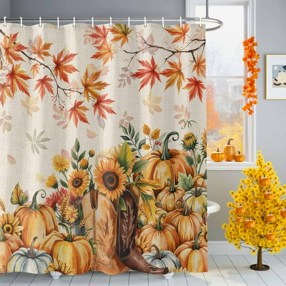 Thanksgiving Shower Curtains for Bathroom, Autumn Pumpkin Sunflower Leaves Watercolor Waterproof Fabric Shower Curtain for Bathroom Bathtub Decoration, Machine Washable, 54x"78"
