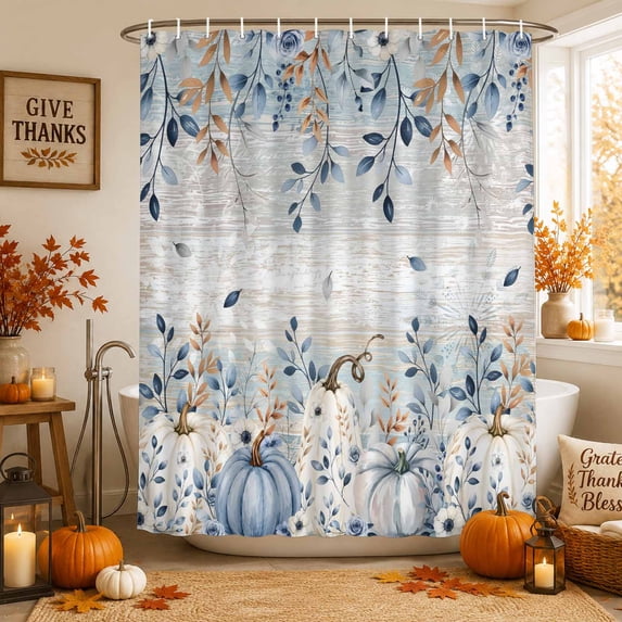 Thanksgiving Shower Curtains for Bathroom, Fall Blue White Pumpkin Leaves Wood Plank Waterproof Fabric Shower Curtain, Decorative Bathroom Curtain for Bathtub, 72"x84", No Hooks Included