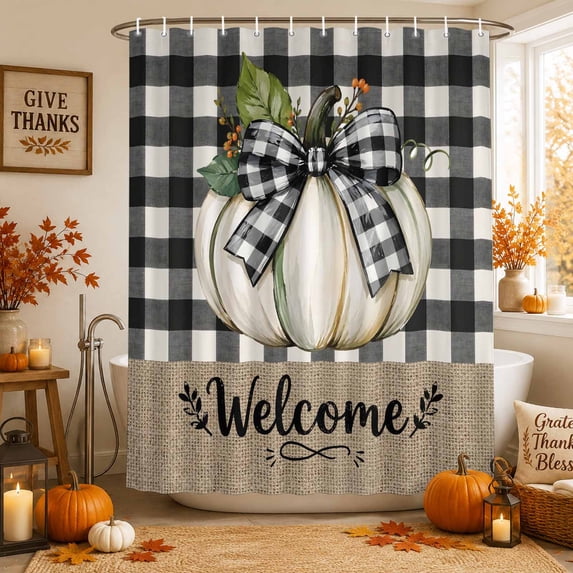 Thanksgiving Shower Curtains for Bathroom, Fall White Pumpkin Leaves Black Plaid Waterproof Fabric Shower Curtain, Decorative Bathroom Curtain for Bathtub, 36"x72", No Hooks Included