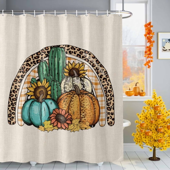 Thanksgiving Shower Curtains for Bathroom, Western Pumpkin Sunflower Cactus Linen Texture Waterproof Fabric Shower Curtain for Bathroom Bathtub Decoration, Machine Washable, 54x"78"