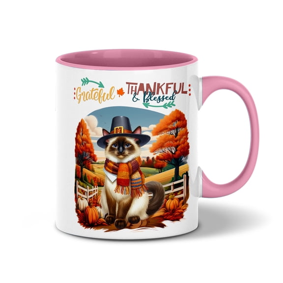 Thanksgiving Siamese Pilgrim Grateful, Thankful, Blessed Fall Welcome 11oz Accent Two-tone Mug Cat Lover Kitten Owner Gifts Coffee Tea Cup - 00021