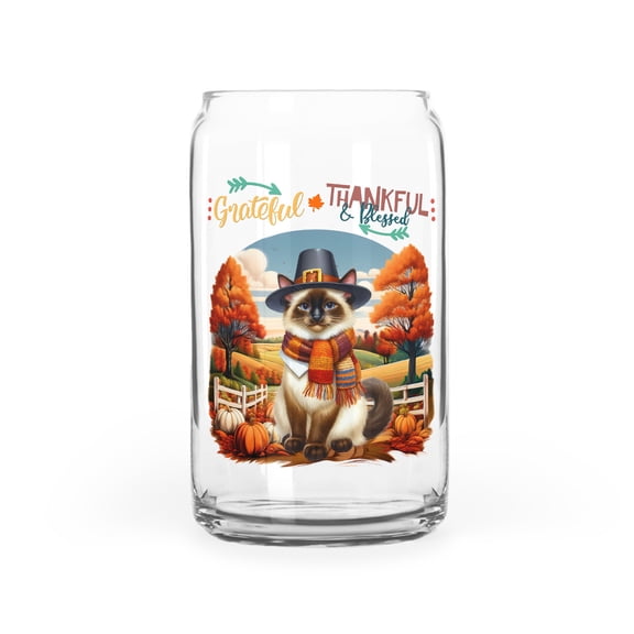 Thanksgiving Siamese Pilgrim Grateful, Thankful, Blessed Fall Welcome 16oz Glass Cup Mug Cat Lover Kitten Owner Gifts Glass Can - 00021