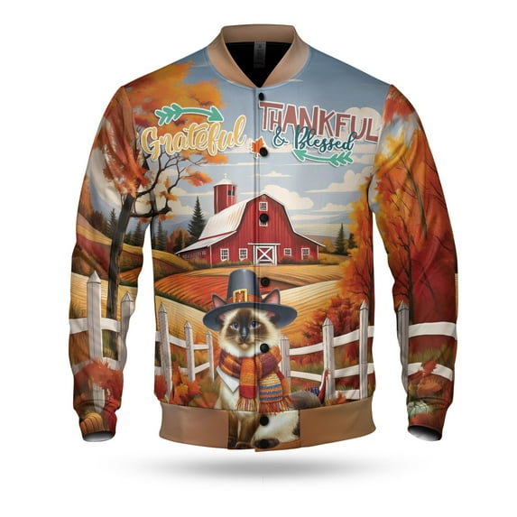 Thanksgiving Siamese Pilgrim Grateful, Thankful, Blessed Fall Welcome All Over Print 3D Baseball Jacket Cat Lover Kitten Owner Gifts Bomber Jacket Softball - 00021