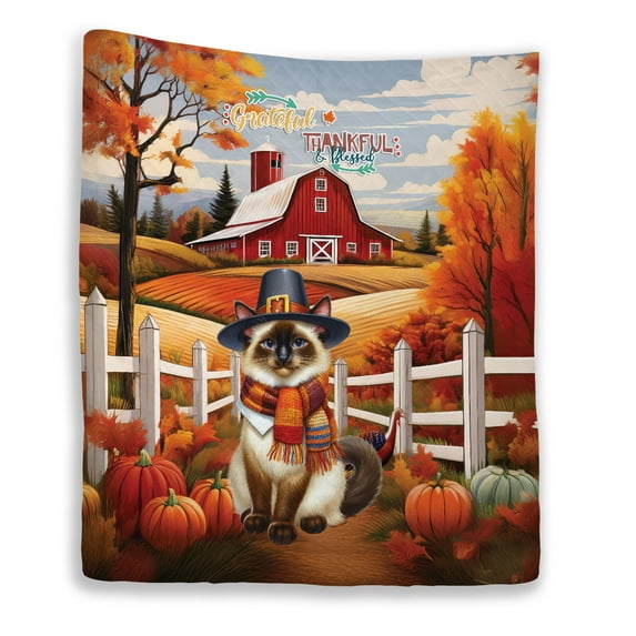 Thanksgiving Siamese Pilgrim Grateful, Thankful, Blessed Fall Welcome Quilt Blanket Cat Lover Kitten Owner Gifts Cozy Comforter Throw Blanket - 00021