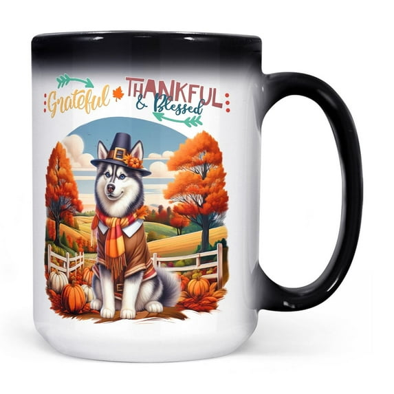 Thanksgiving Siberian Husky Pilgrim Grateful, Thankful, Blessed Fall Welcome Heat Color Changing Mug Husky Dog Lover Gifts Magic Coffee Mug - 00021