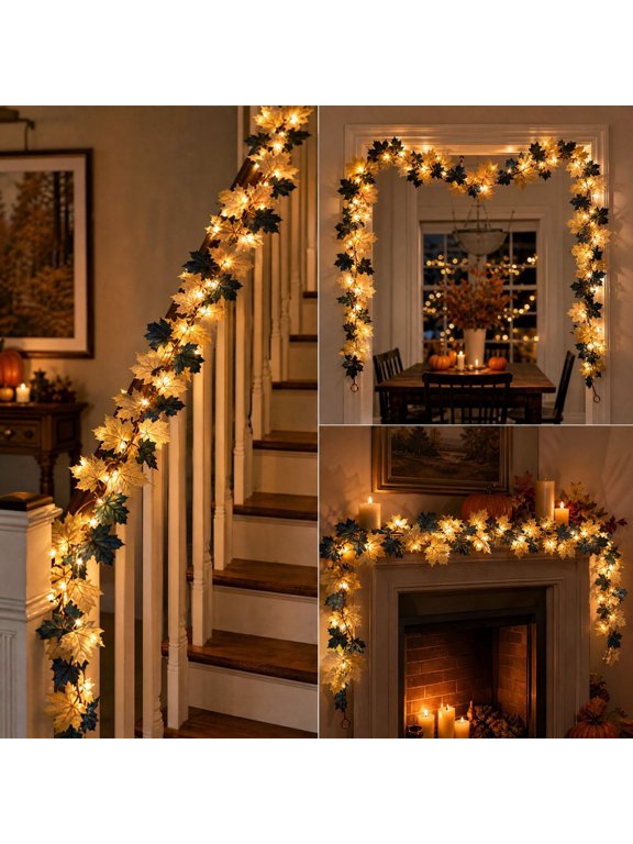 Thanksgiving Simulation Maple Leaf with Light Vines, 68.9in Artificial Deciduous Vine with Warm LED Lights and Battery Box, Holiday Decoration for Staircase Dining Table Fireplace and Porch