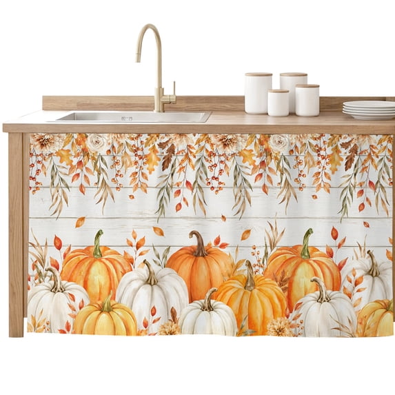 Thanksgiving Sink Skirt for Bathroom, Self-Adhesive Under Sink Curtain, Fall Pumpkin Branches Floral Wooden Grain Hide Pipes & Storage Fabric Cabinet Skirt Cover for Kitchen Laundry 32"x55"