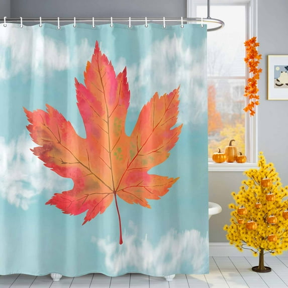Thanksgiving Sky Fall Shower Curtains for Bathroom, Orange Maple Leaf Watercolor Waterproof Fabric Shower Curtain for Bathroom Bathtub Decoration, Machine Washable, 72"x84"