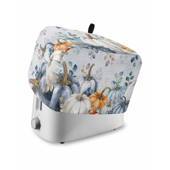 Thanksgiving Small Toaster Cover 2 Slice, Kitchen Appliance Covers, Autumn Blue White Orange Pumpkin Eucalyptus Toaster Oven Cover with Loop, Bread Machine Cover Polyester Dust Cover Protection