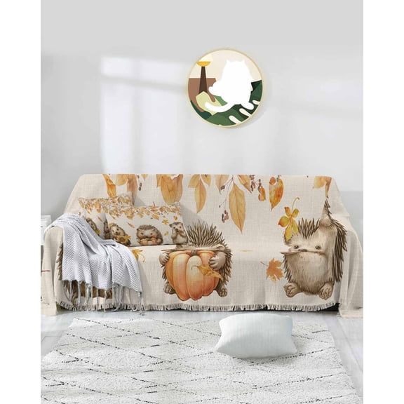 Thanksgiving Sofa Covers for 3 Cushion Couch,Washable Sectional & L Shape Couch Covers for Dog/Cat/Kid,Animal Pumpkin Sunflower Retro Beige Non Slip Sofa Slipcover Tassel Futon Cover 71''x150''