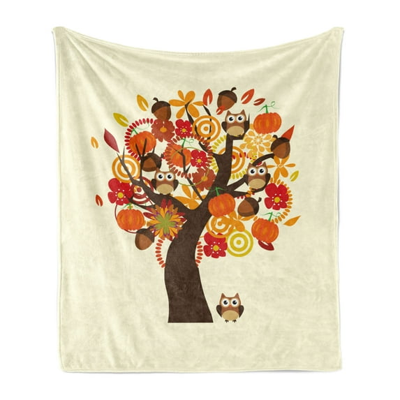 Thanksgiving Soft Flannel Fleece Throw Blanket, Abstract Fall Tree with Flowers Acorns Pumpkins and Owls Generous Nature, Cozy Plush for Indoor and Outdoor Use, 60" x 80", Multicolor, by Ambesonne