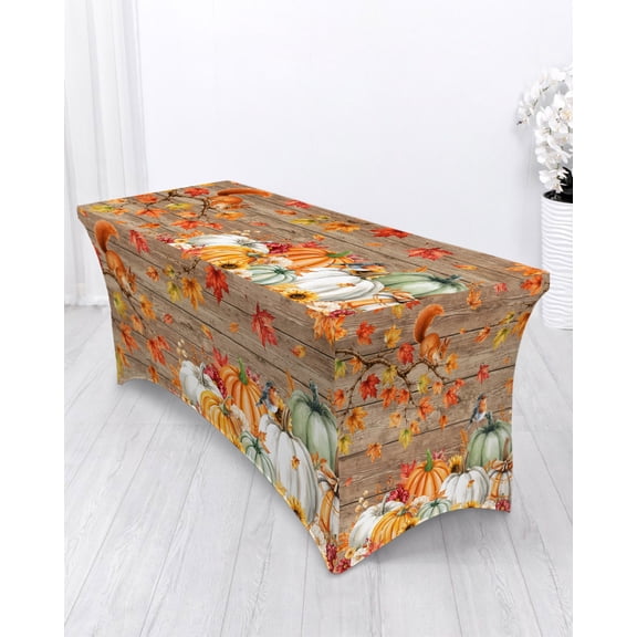 Thanksgiving Spandex Tablecloth 4ft Orange White Green Pumpkin Squirrel Bird Wood Grain Elastic Fitted Cloth for Rectangle Table Washable Wrinkle Proof Stretch Table Cover for Autumn Party Banquet