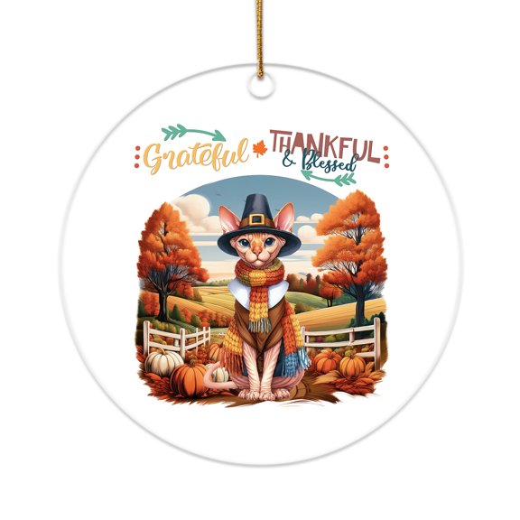 Thanksgiving Sphynx Pilgrim Grateful, Thankful, Blessed Fall Welcome Acrylic Round Ornament Cat Lover Kitten Owner Gifts Idea Home Tree Decor - 00021