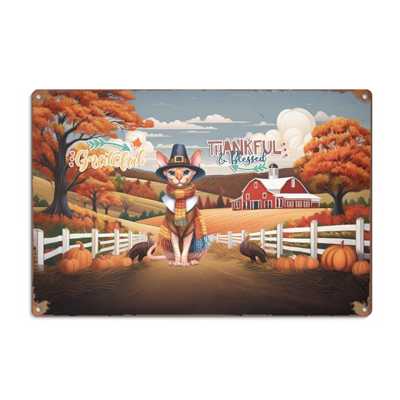Thanksgiving Sphynx Pilgrim Grateful, Thankful, Blessed Fall Welcome Horizontal Metal Aluminum Sign Cat Lover Kitten Owner Gifts Idea Wall Art Home Decor - 00021
