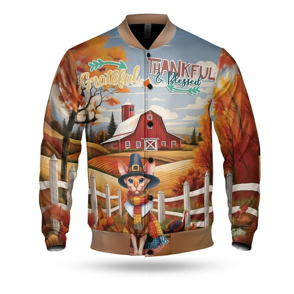 Thanksgiving Sphynx Pilgrim Grateful, Thankful, Blessed Fall Welcome All Over Print 3D Baseball Jacket Cat Lover Kitten Owner Gifts Idea Bomber Jacket Softball - 00021