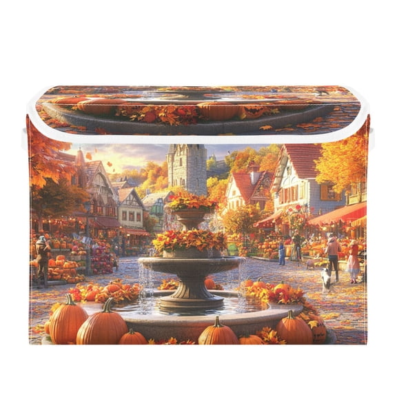 Thanksgiving Square Fountain Large Storage Bins with Linen Collapsible Lid Storage Box 16.7 x 12.6 x 11.8in