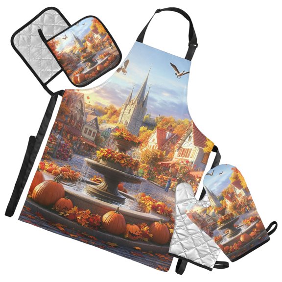 Thanksgiving Square Fountain Oven Mitts and Pot Holders with Chef Apron Set 5 Pcs Kitchen Cooking Set