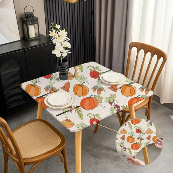 Thanksgiving Square Tablecloth with Elastic for Small Folding Card Table Cover 34x34 Inch Fall Fitted Table Cloth Wrinkle Free Non Slip Harvest Corn and Grape