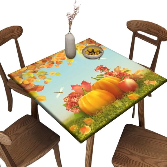 Thanksgiving Square Tablecloth, Waterproof Fitted Table Cloth for Outdoor Picnic Indoor, Autumn Pumpkins Fallen Leaves Print Wipeable Elastic Fabric Table Cover, Fits Tables up to 36" Square
