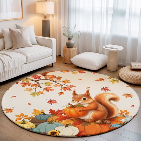 Thanksgiving Squirrel 7' Round Rugs for Living Room Conversation Area, Fall Country Pumpkin Maple Leaf Sunflower Washable Non Slip Large Circle Area Rug Under Dining Table