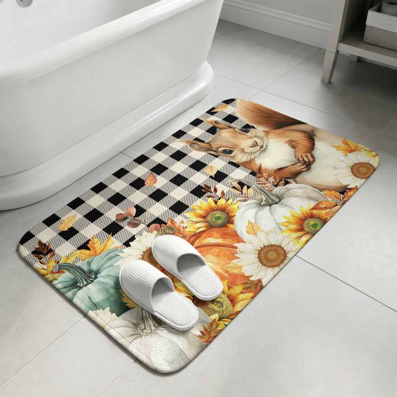 Thanksgiving Squirrel Bathroom Rugs Non Slip Washable Bath Mat Absorbent Front Door Mat Fall Pumpkins Sunflower Black Plaid Indoor Doormat for Kitchen Entryway Shower Decor Accessories 15.7"x23.6"