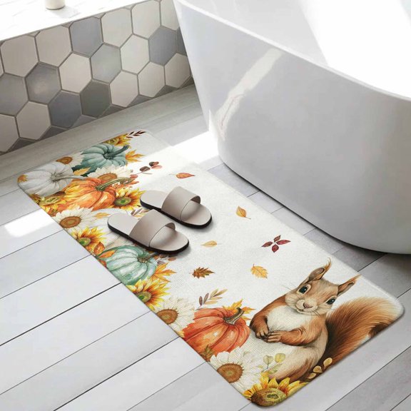 Thanksgiving Squirrel Bathroom Runner Rugs Non Slip Washable Absorbent Narrow Long Bath Mat Fall Pumpkins Sunflower Autumn Runner Rugs for Kitchen Hallway Bedroom Laundry Study Room 19.7"x63"