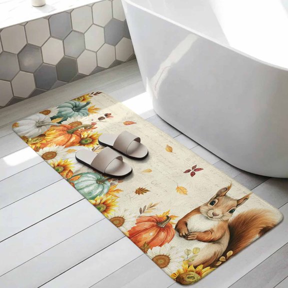Thanksgiving Squirrel Bathroom Runner Rugs Non Slip Washable Absorbent Narrow Long Bath Mat Fall Pumpkins Sunflower Vintage Runner Rugs for Kitchen Hallway Bedroom Laundry Study Room 31.5"x63"