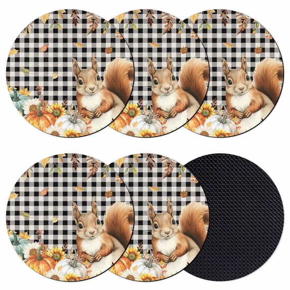 Thanksgiving Squirrel Coasters Set of 6, Absorbent Coasters for Drinks, Fall Pumpkins Sunflower Black Plaid Coaster for Desk Coffee Table Protection, Home Decor House Warming Gifts 4"