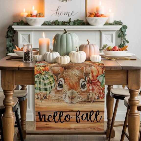 Thanksgiving Squirrel Cotton Linen Table Runner, Washable Table Runners for Kitchen, Dining Room, Holiday, Home Party Table Decor, 13x120 Inches