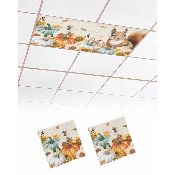 Thanksgiving Squirrel Fluorescent Light Covers for Ceiling Lights 4x2 feet,2 Pack Magnetic Light Filters for Classroom,Fall Pumpkins Sunflower Vintage Fluorescent Light Shade Panel for Office School