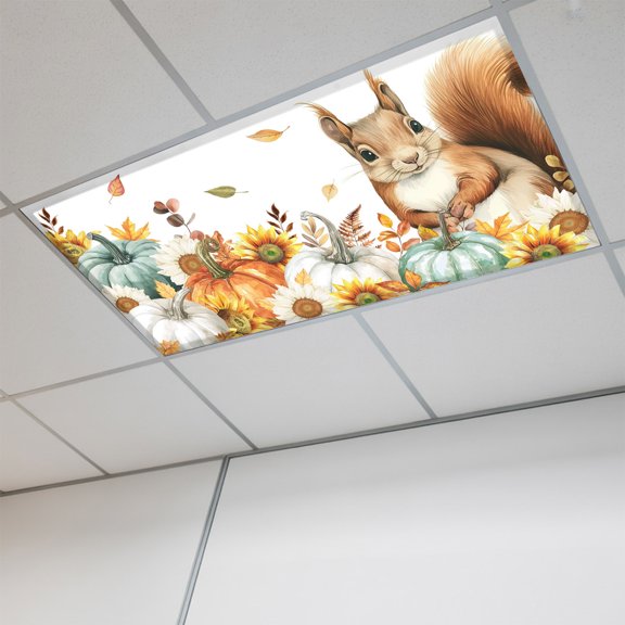 Thanksgiving Squirrel Magnetic Fluorescent Light Covers for Ceiling Lights 2x4 Ft,Fall Pumpkins Sunflower Autumn Office Classroom Kitchen Drop Ceiling Light Covers Lighting Filters Shade Panel 1 Pack