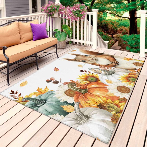 Thanksgiving Squirrel Outdoor Rug for Patio/Deck/Porch, Non-Slip Large Area Rug 4 x 6 Ft, Fall Pumpkins Sunflower Autumn Indoor Outdoor Rugs Washable Area Rugs, Reversible Camping Rug Carpet Runner