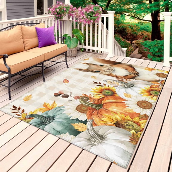 Thanksgiving Squirrel Outdoor Rug for Patio/Deck/Porch, Non-Slip Large Area Rug 6 x 9 Ft, Fall Pumpkins Sunflower Brown Plaid Indoor Outdoor Rugs Washable Area Rugs, Camping Rug Carpet Runner