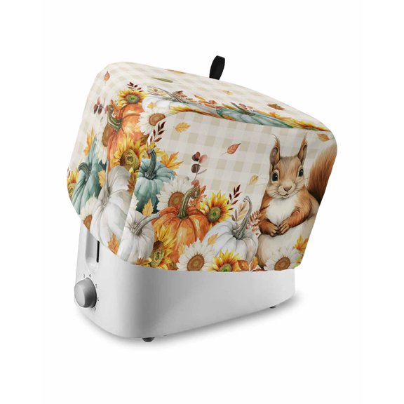 Thanksgiving Squirrel Small Toaster Cover 2 Slice, Kitchen Appliance Covers, Fall Pumpkins Sunflower Brown Plaid Toaster Oven Cover with Loop, Bread Machine Cover Polyester Dust Cover Protection