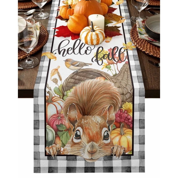 Thanksgiving Squirrel Table Runner-Cotton Linen- 108 Inch Holiday Dresser Scarves, Hello Fall Pumpkin Buffalo Plaid Tablerunner for Kitchen Coffee/Dining Bedroom Living Room Dinner Scarf Décor 13x108