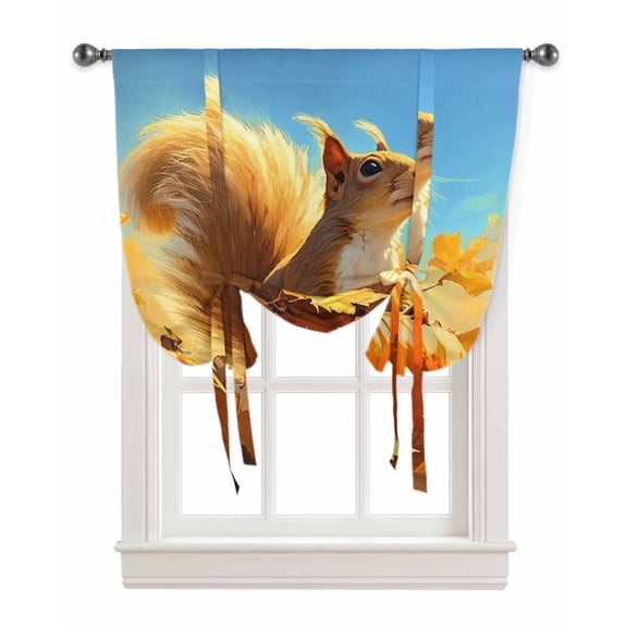 Thanksgiving Squirrel Tie Up Curtains for Kitchen Bathroom Bedroom Windows 63 Inch Length, Fall Maple Leaf Orange Pumpkins Balloon Drape Curtains Shade Rod Pocket Drapery Curtain Panel, 52"x45"