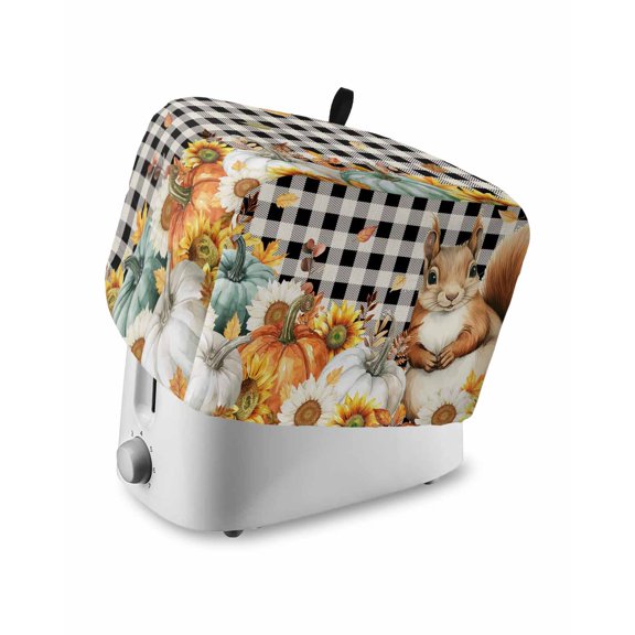 Thanksgiving Squirrel Toaster Cover 2 Slice, Small Kitchen Appliance Covers, Fall Pumpkins Sunflower Black Plaid Toaster Oven Cover with Loop, Bread Machine Cover Polyester Dust Cover Protection