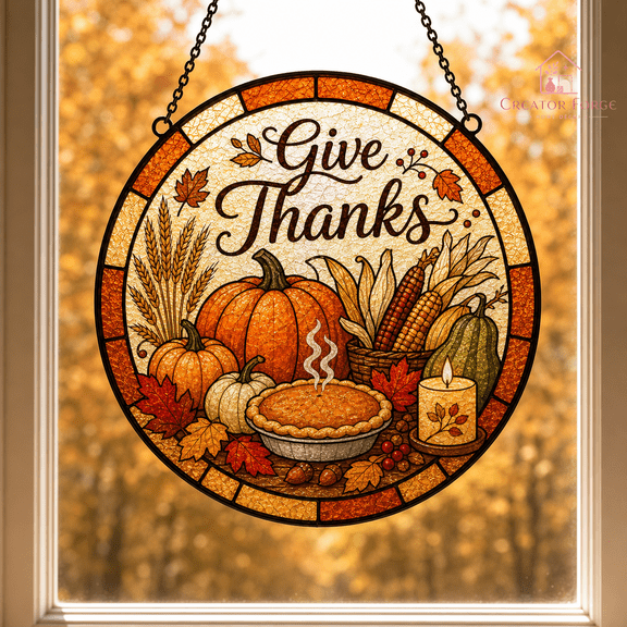 Thanksgiving Stained Glass Suncatcher Cozy Autumn Harvest Window Hanging Decor