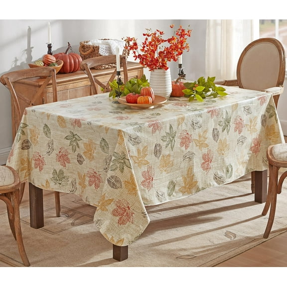 Thanksgiving Stamped Abstract Autumn Leaves 52 x 70 inch Rectangle Vinyl Backed Tablecloth