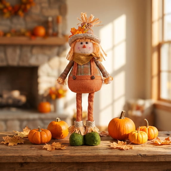 Thanksgiving Standing Telescopic Scarecrow Decor,Extendable‑Leg Plush Doll With Sunflower Maple Leaf Hat,Rustic Autumn Tabletop Ornament For Shelf Mantel Home Fall Decor‑Overalls Style